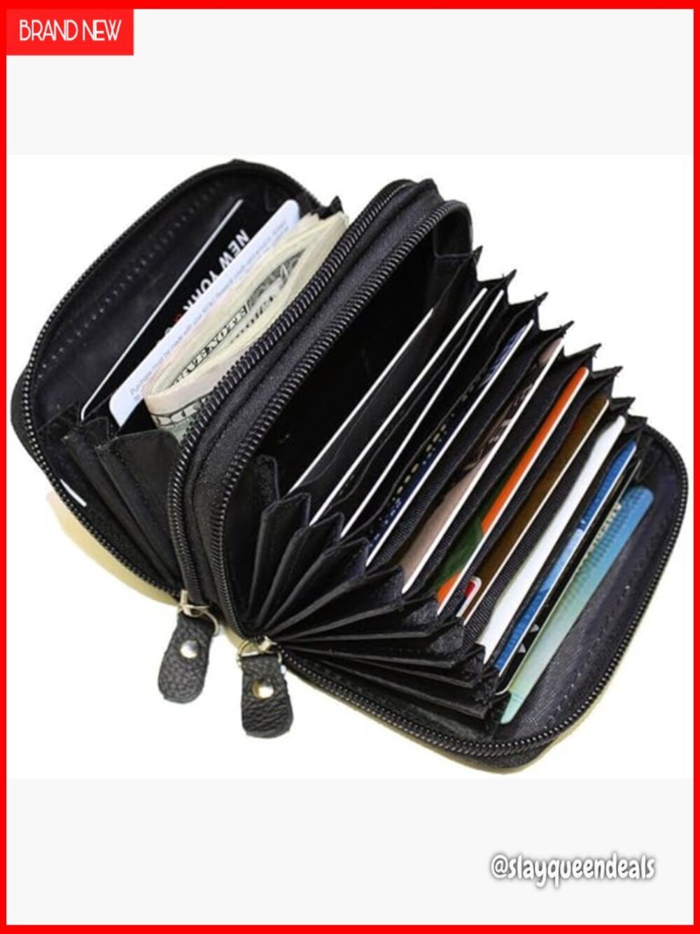 Leather RFID Accordion Wallet with Double Zippers, Secure Identity Safe